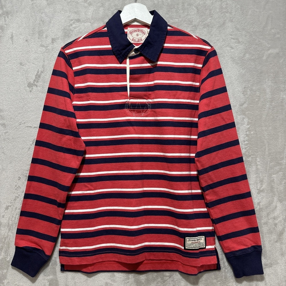 BROOKS BROTHERS Long Sleeve Rugby Polo Shirt Red Navy Blue Striped Size S NWT